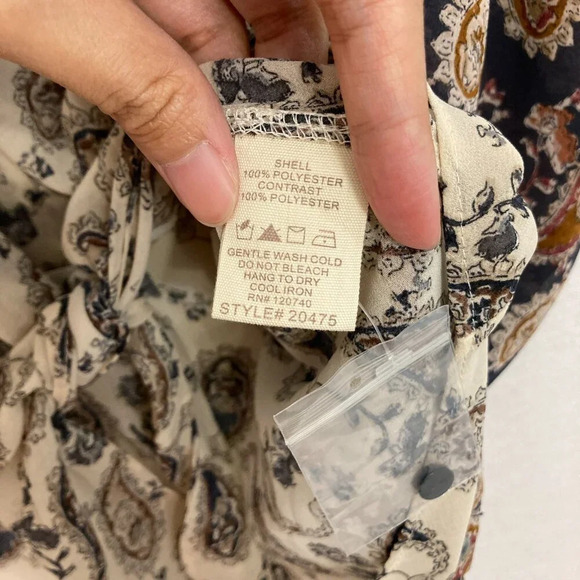 New Mystree Multi Color Paisley Tie Front Patchwork Boho Long Sleeve Top Large - Picture 8 of 10